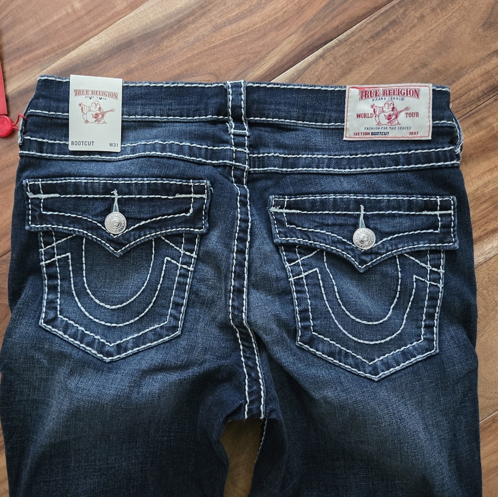 True Religion BIG T Nat Flap Destroyed Bootcut Jeans Womens 31 NEW